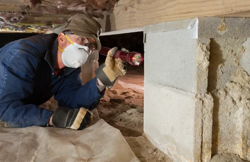 technician searching crawl space for pests