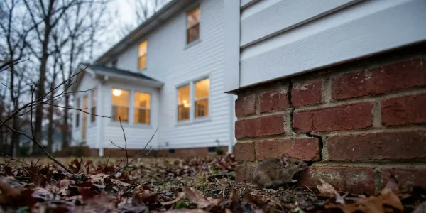 mouse at foundation of a house with a cracked foundation